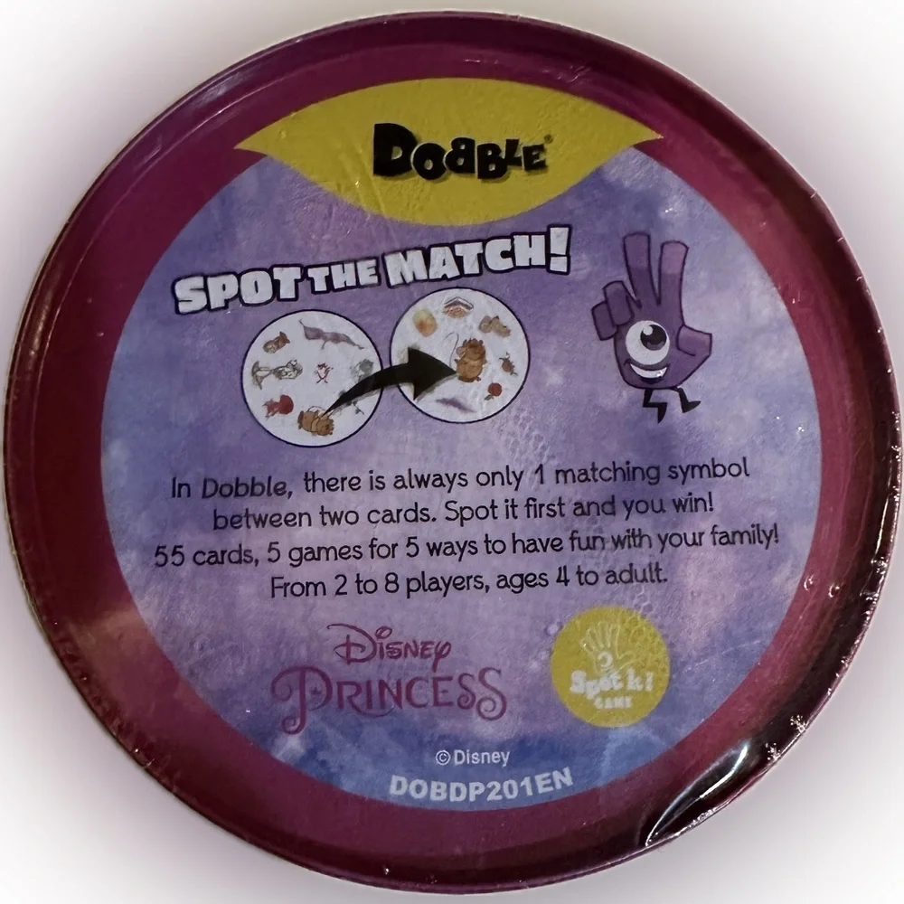 DISNEY PRINCESS DOBBLE SPOT IT ROUND CARD GAME TRAVEL BELLE JASMINE TIANA AURORA